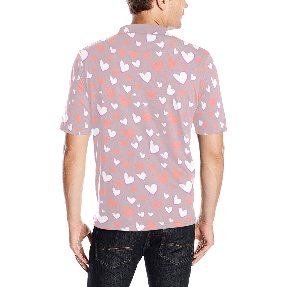 coral white heart pattern Men's All Over Print Polo Shirt