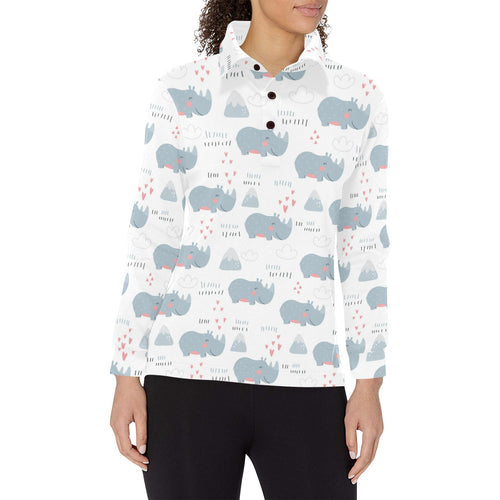 cute rhino heart pattern Women's Long Sleeve Polo Shirt