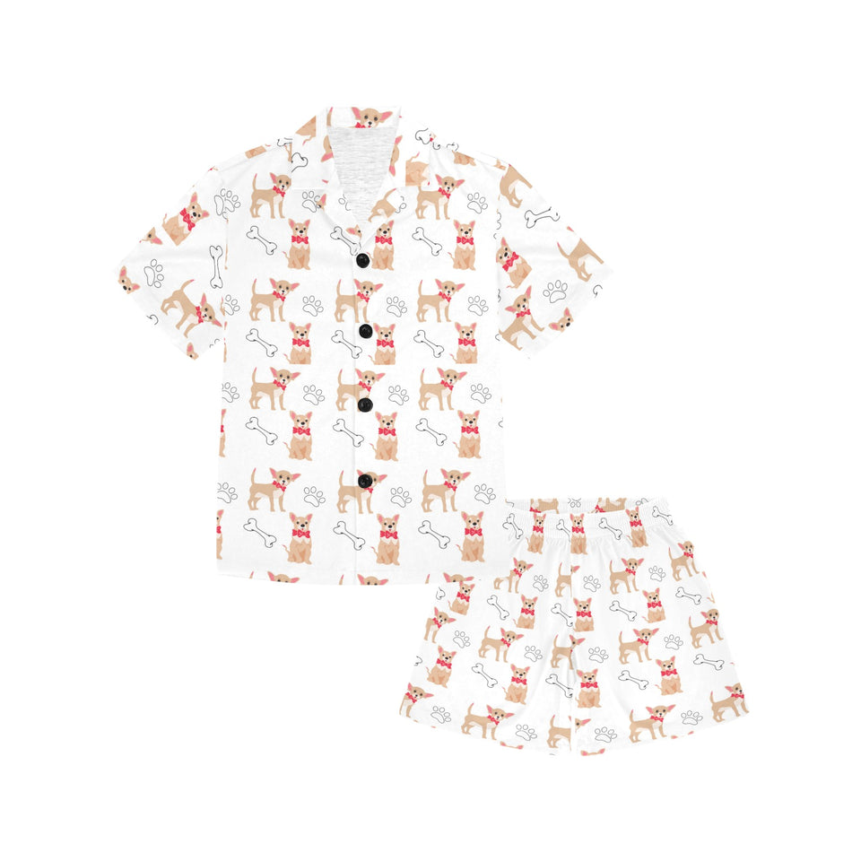 Chihuahua bone paw pattern Kids' Boys' Girls' V-Neck Short Pajama Set