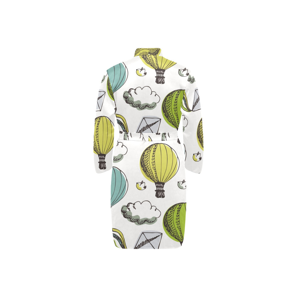 Hot Air Balloon Bird Cloud Pattern Men's Long Sleeve Belted Night Robe