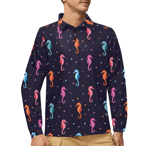 Watercolor colorful seahorse pattern Men's Long Sleeve Polo Shirt