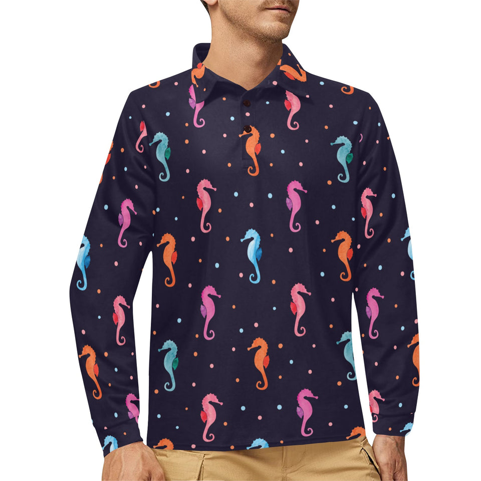 Watercolor colorful seahorse pattern Men's Long Sleeve Polo Shirt