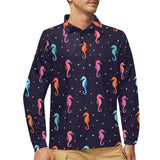 Watercolor colorful seahorse pattern Men's Long Sleeve Polo Shirt