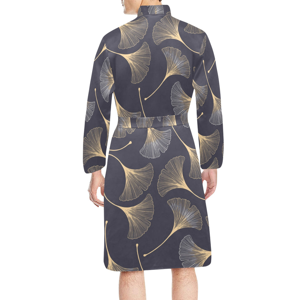 Gold ginkgo leaves Men's Long Sleeve Belted Night Robe