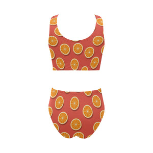 Oranges pattern red background Chest Bowknot High Waisted Bikini Swimsuit