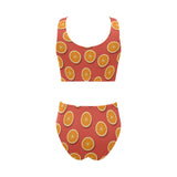 Oranges pattern red background Chest Bowknot High Waisted Bikini Swimsuit