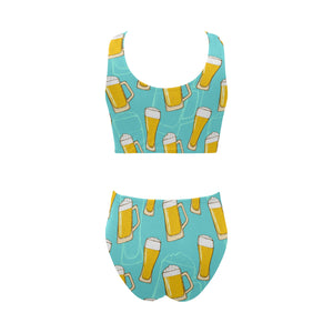 Beer pattern green background Chest Bowknot High Waisted Bikini Swimsuit
