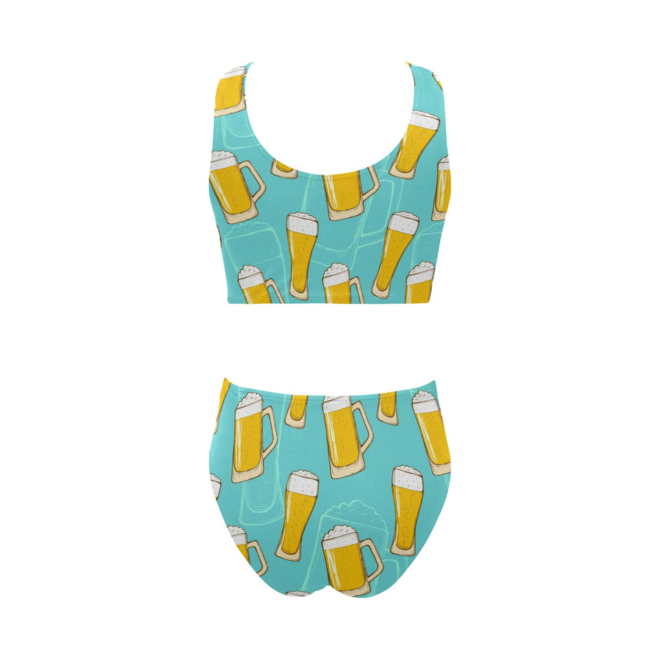 Beer pattern green background Chest Bowknot High Waisted Bikini Swimsuit