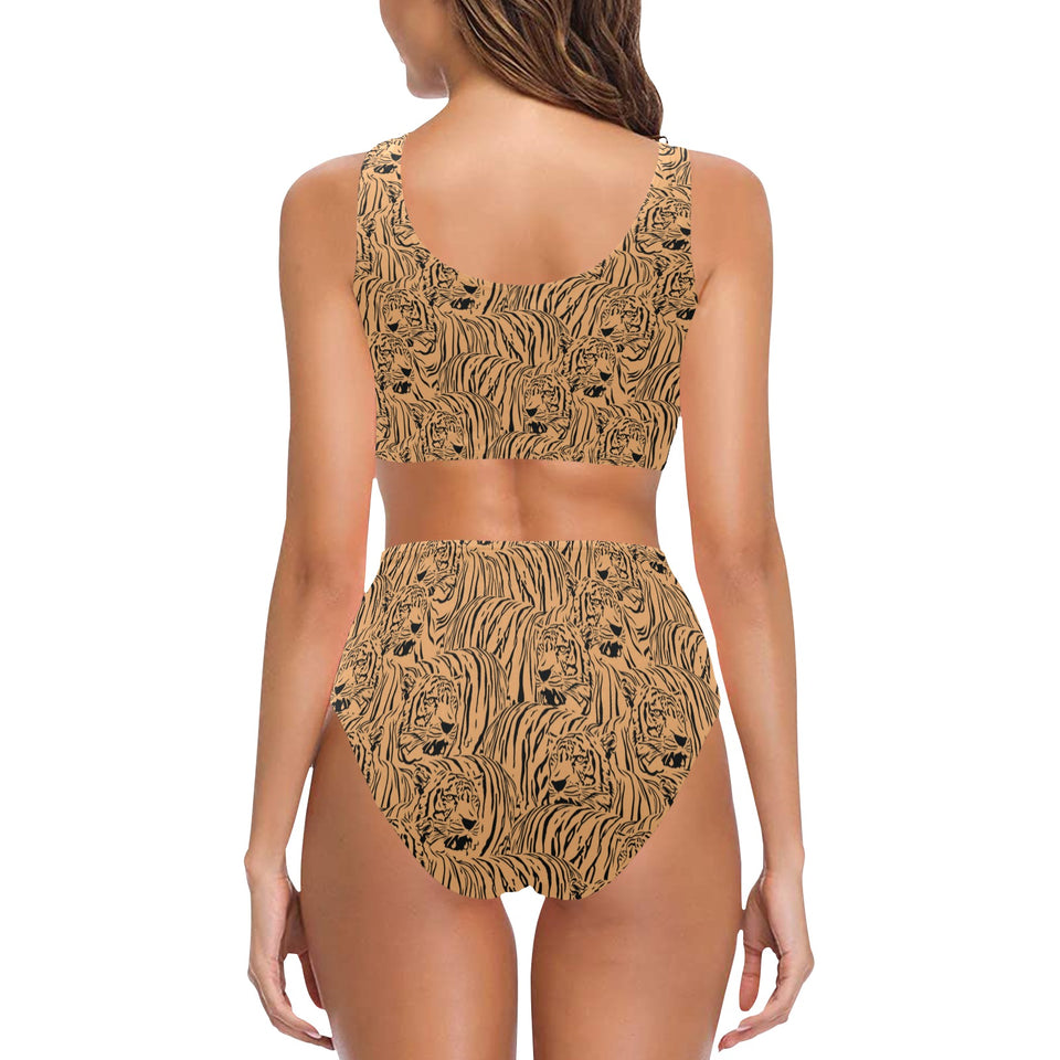 Bengal tigers pattern Chest Bowknot High Waisted Bikini Swimsuit