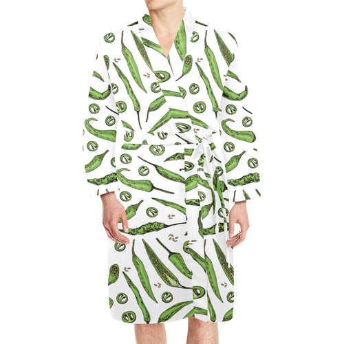 Hand drawn sketch style green Chili peppers patter Men's Long Sleeve Belted Night Robe