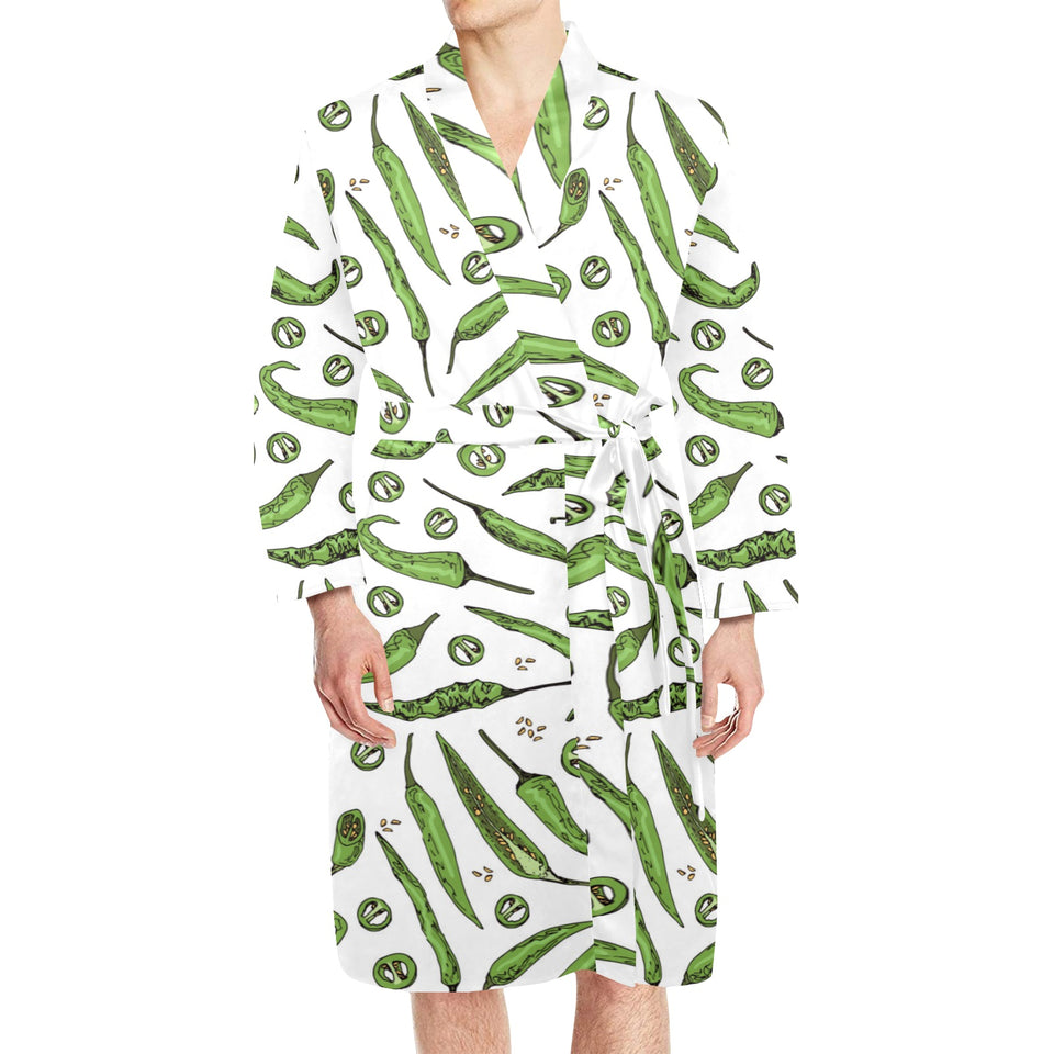 Hand drawn sketch style green Chili peppers patter Men's Long Sleeve Belted Night Robe
