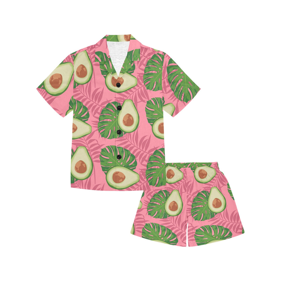 Avocado slices leaves pink back ground Kids' Boys' Girls' V-Neck Short Pajama Set