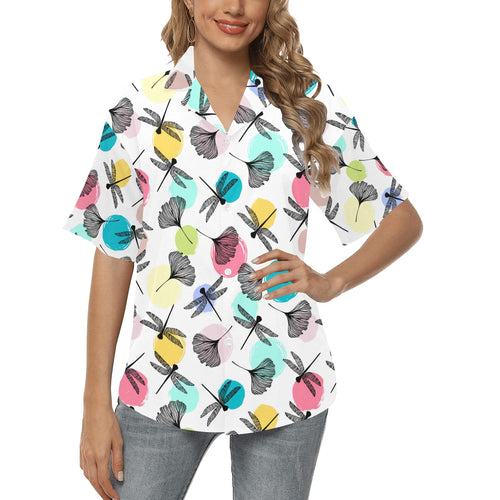 Dragonflies ginkgo leaves pattern Women's All Over Print Hawaiian Shirt