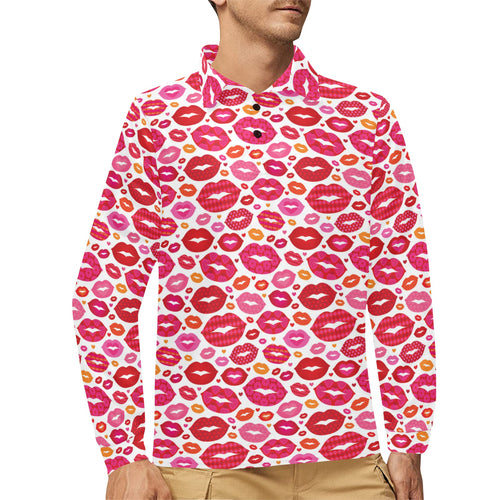 Lips Pattern Print Design 01 Men's Long Sleeve Polo Shirt