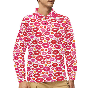 Lips Pattern Print Design 01 Men's Long Sleeve Polo Shirt