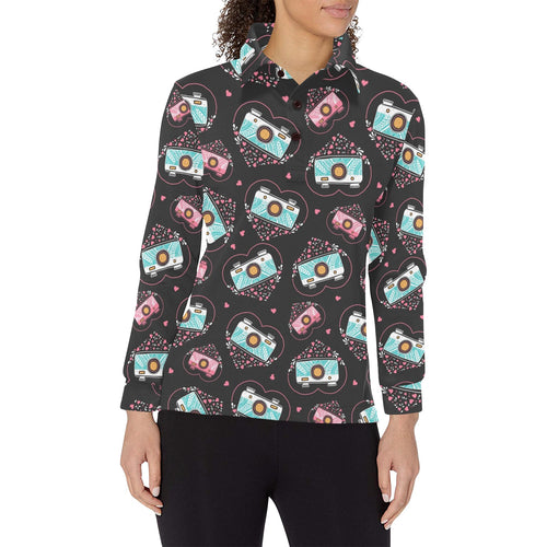 Camera Pattern Print Design 04 Women's Long Sleeve Polo Shirt