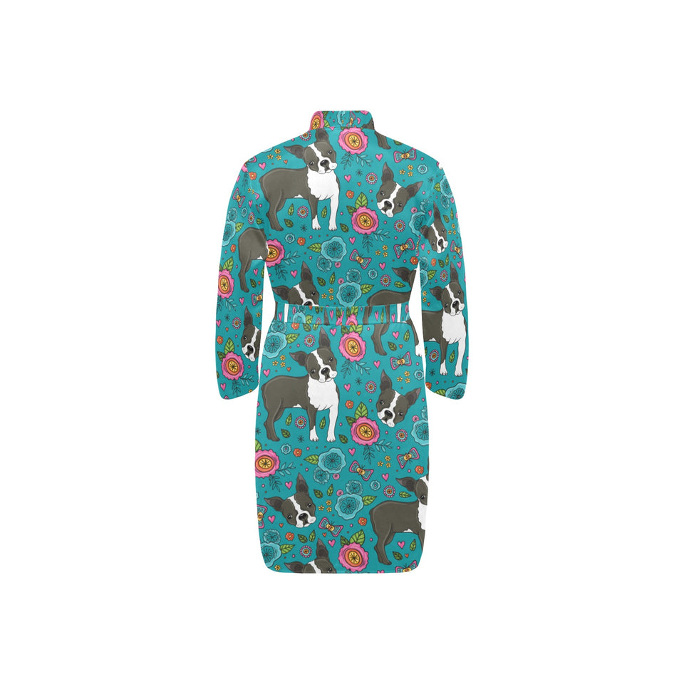 Boston terrier beautiful flower pattern Men's Long Sleeve Belted Night Robe