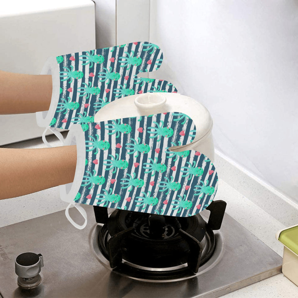 Cute octopuses heart striped background Heat Resistant Oven Mitts