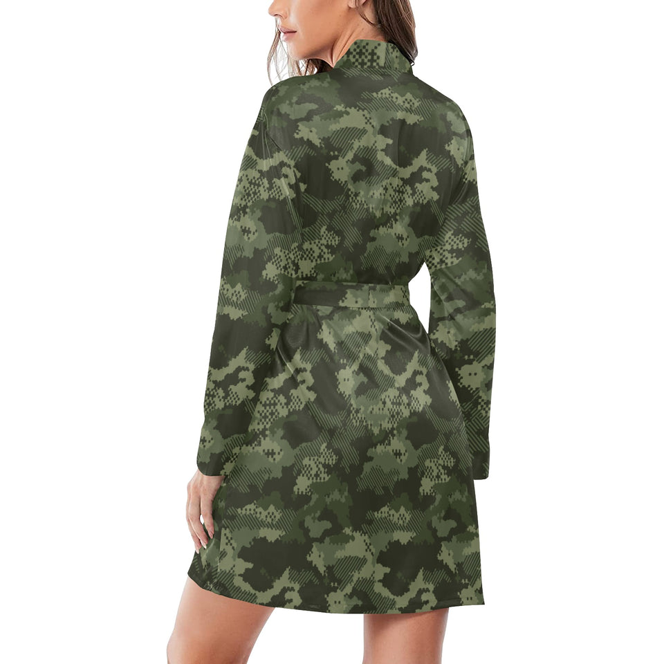 Digital Green camouflage pattern Women's Long Sleeve Belted Night Robe