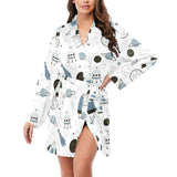 Hand drawn space elements space rocket star planet Women's Long Sleeve Belted Night Robe