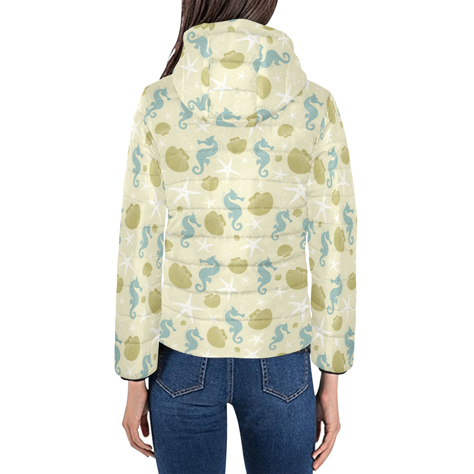 Seahorse shell starfish pattern background Women's Padded Hooded Jacket