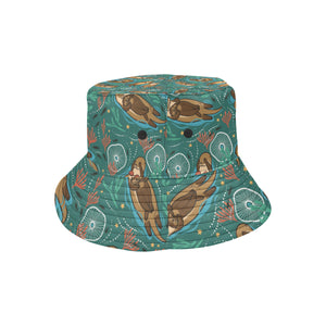 cute brown sea otters ornamental seaweed corals gr Unisex Bucket Hat