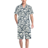 Sugar skull black white pattern Men's V-Neck Short Pajama Set