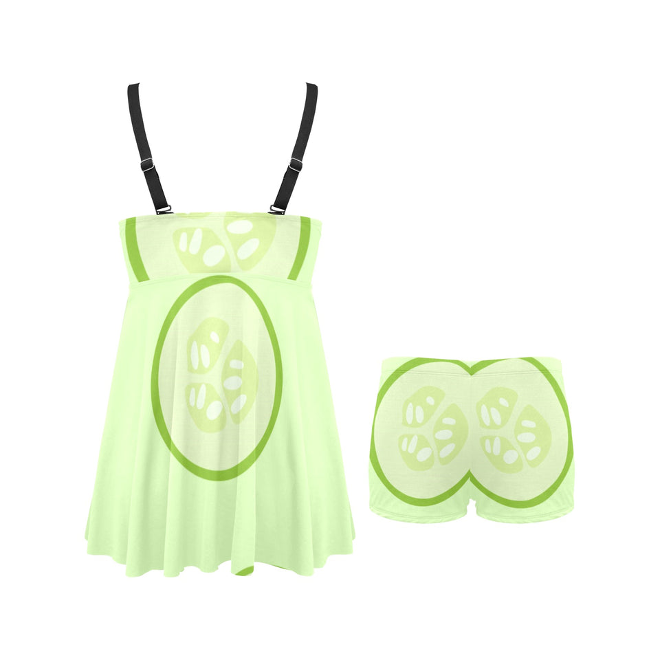Cucumber pattern Chest Sexy Pleated Two Piece Swim Dress
