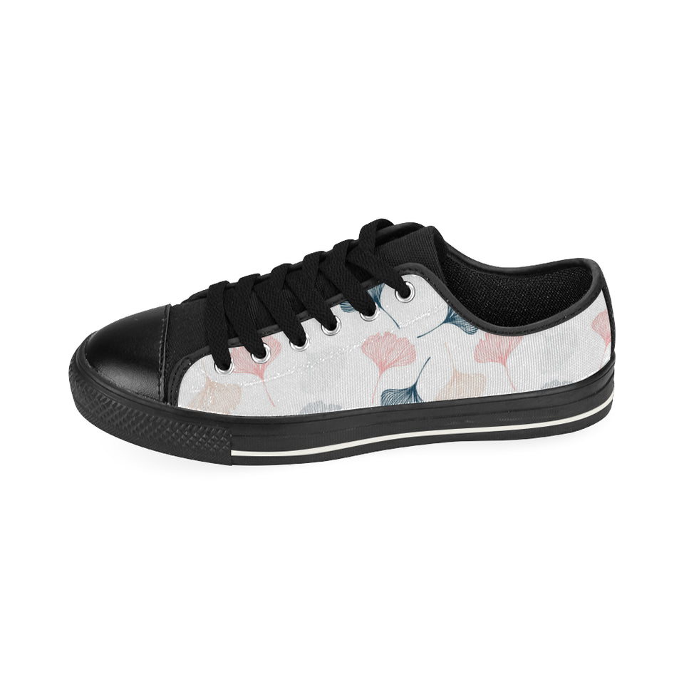 Black Gray Cream coral ginkgo leaves pattern Men's Low Top Canvas Shoes Black