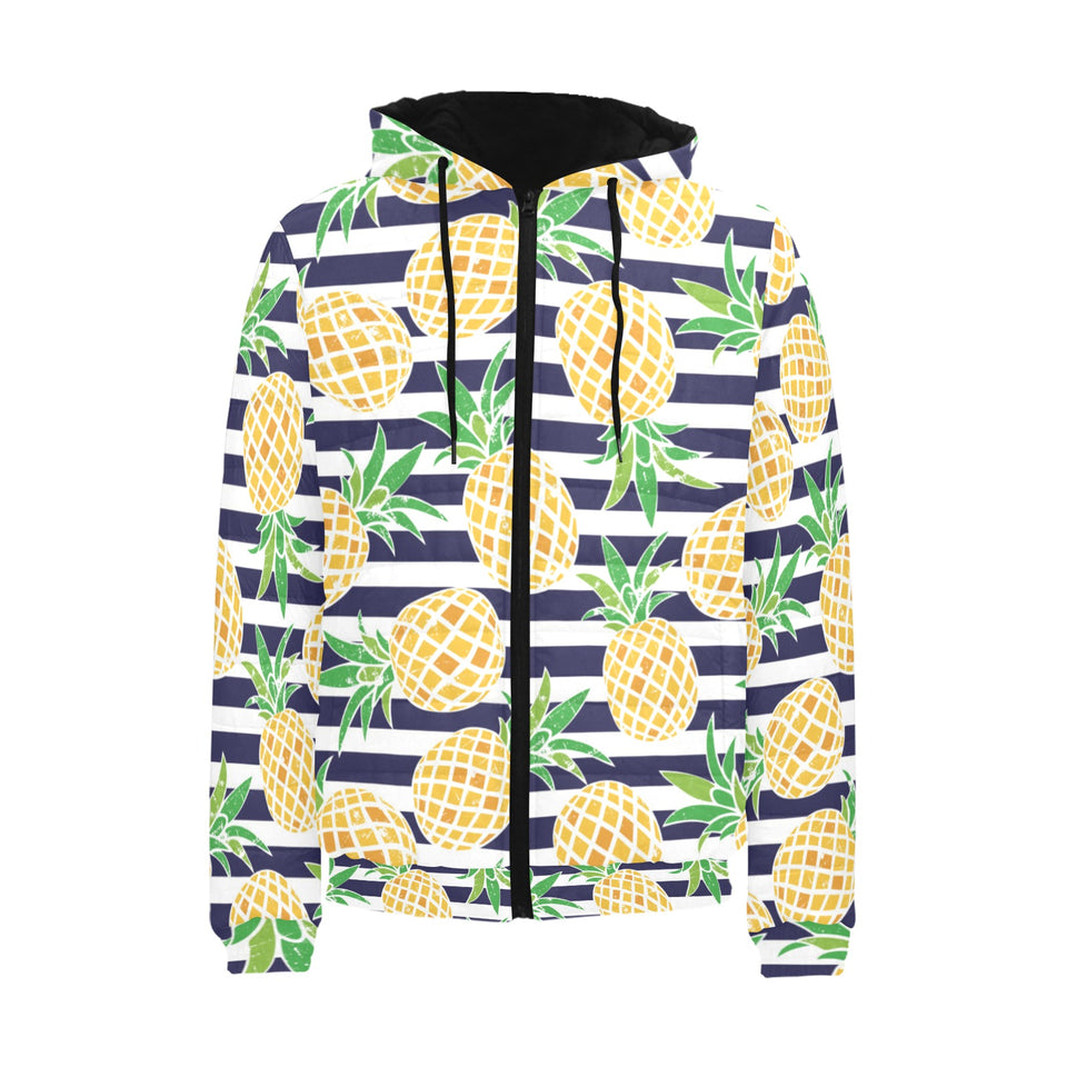 Pineapples pattern striped background Men's Padded Hooded Jacket