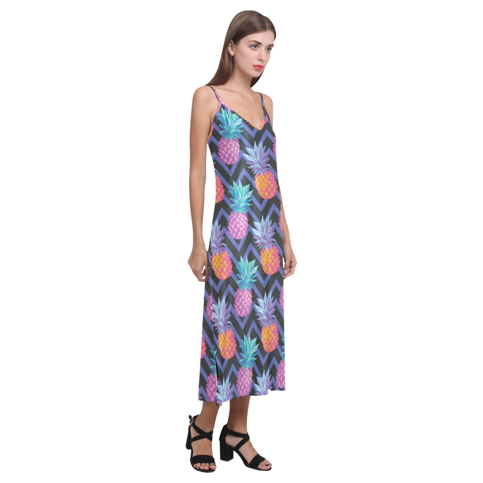 Pineapples pattern zigzag background V-Neck Open Fork Long Dress