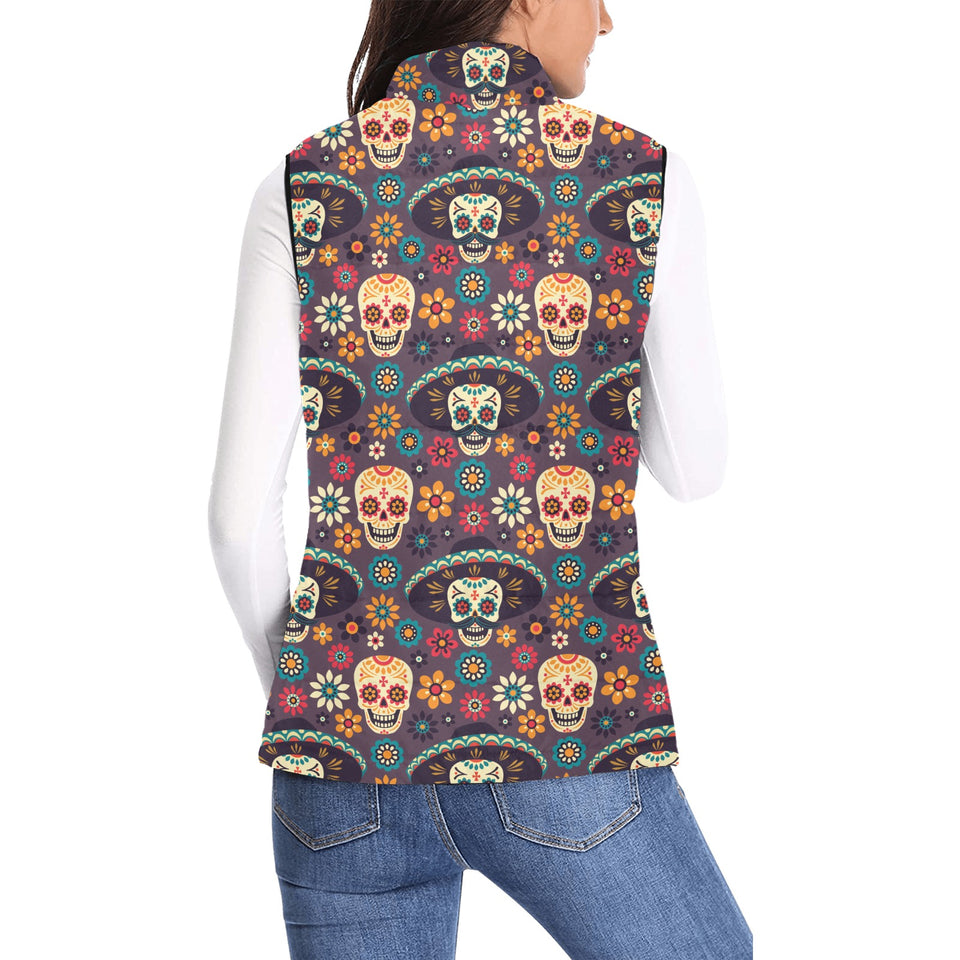 Sugar skulls flower maxican pattern Women's Padded Vest