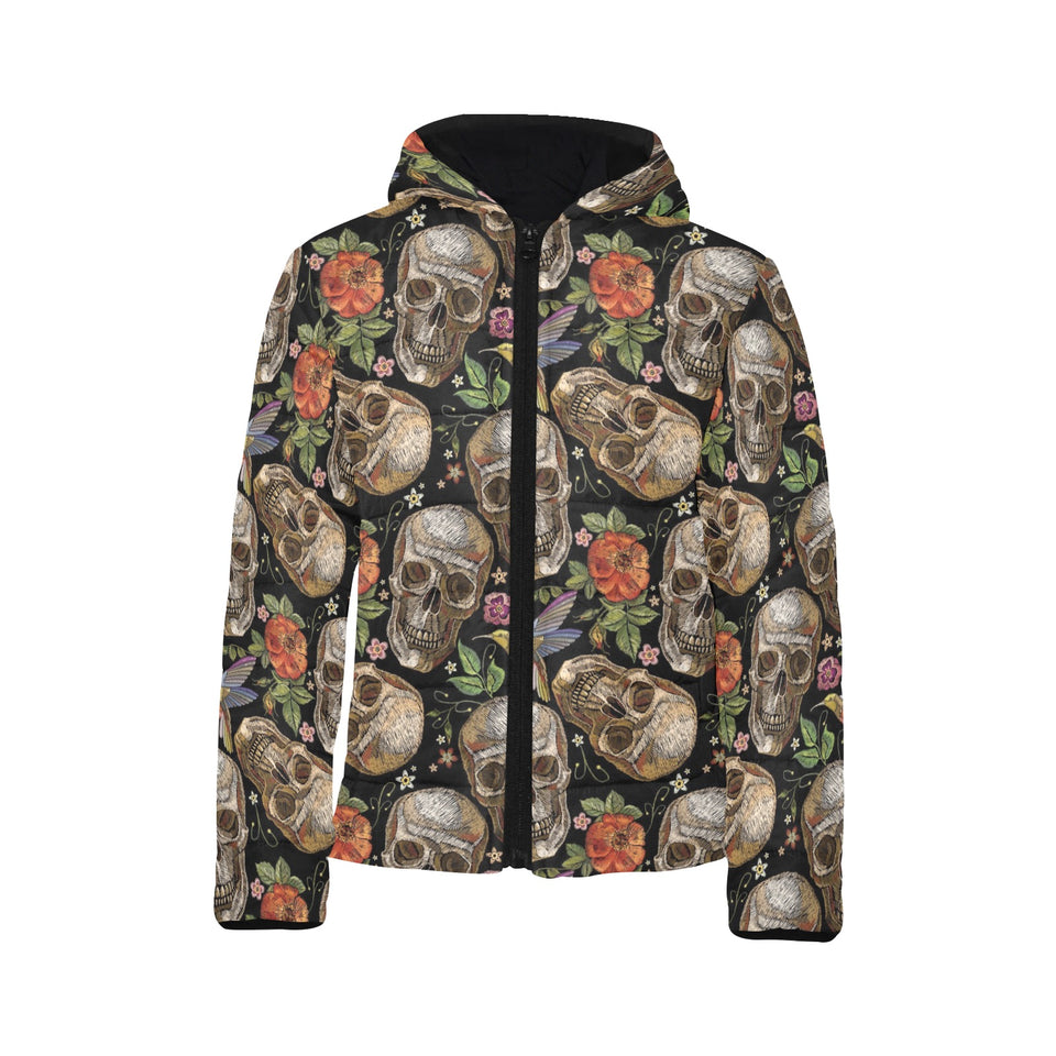 Skull rose humming bird flower pattern Kids' Boys' Girls' Padded Hooded Jacket