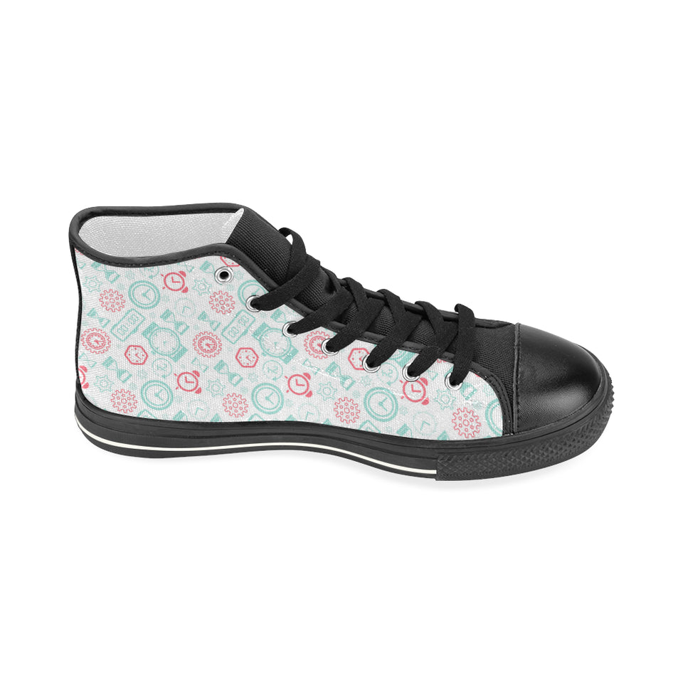 Clock time pattern blackground Women's High Top Canvas Shoes Black
