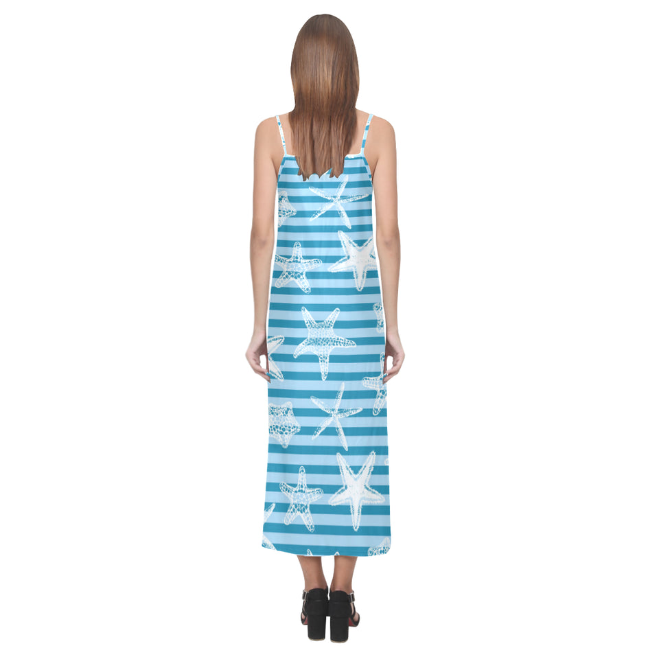 Starfish blue blackground V-Neck Open Fork Long Dress