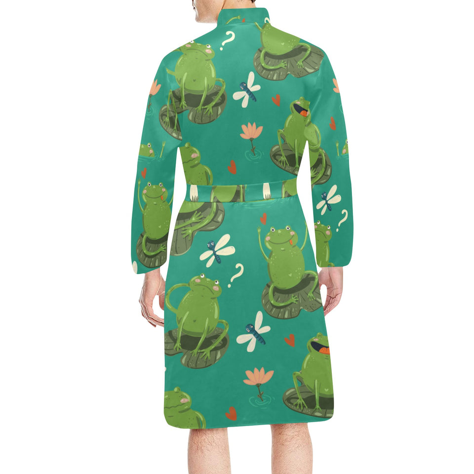 Cute frog dragonfly design pattern Men's Long Sleeve Belted Night Robe