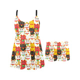 Colorful Maneki neko cat pattern Chest Sexy Pleated Two Piece Swim Dress