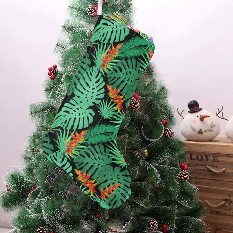 heliconia flower palm monstera leaves black backgr Christmas Stocking