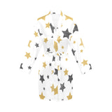 hand drawn gold black star pattern Women's Long Sleeve Belted Night Robe