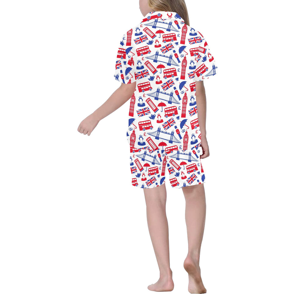 British Pattern Print Design 01 Kids' Boys' Girls' V-Neck Short Pajama Set