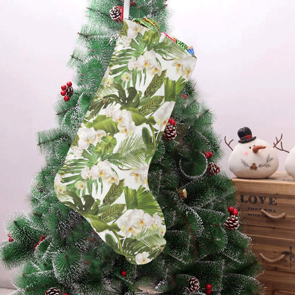 White orchid flower tropical leaves pattern Christmas Stocking