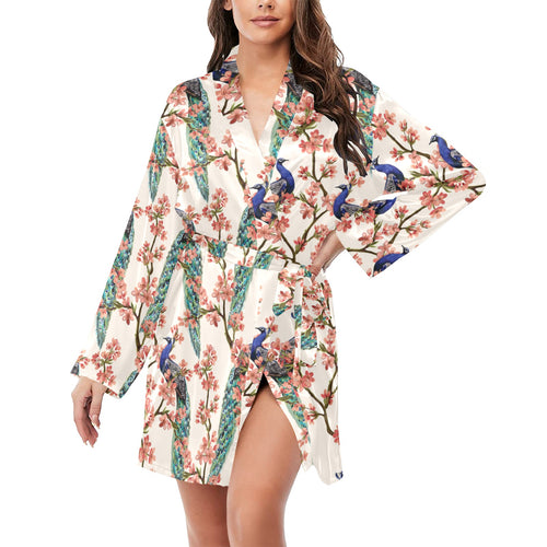 Peacock tropical flower pattern Women's Long Sleeve Belted Night Robe