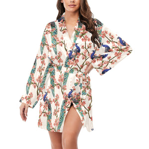 Peacock tropical flower pattern Women's Long Sleeve Belted Night Robe