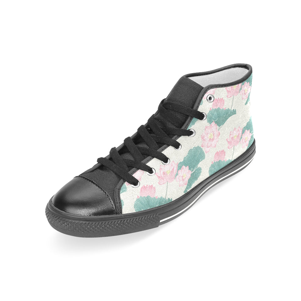Pink lotus waterlily leaves pattern Women's High Top Canvas Shoes Black