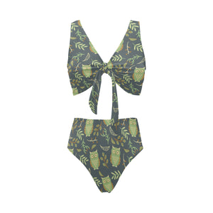 Cute owls leaves pattern Chest Bowknot High Waisted Bikini Swimsuit