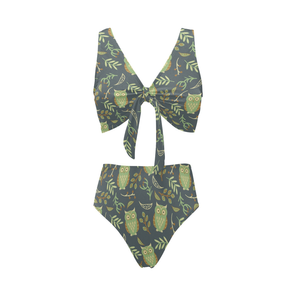 Cute owls leaves pattern Chest Bowknot High Waisted Bikini Swimsuit
