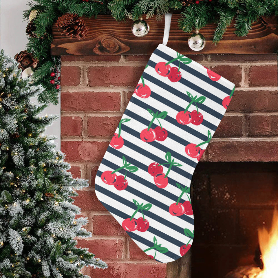 Hand drawn cherry pattern striped background Christmas Stocking