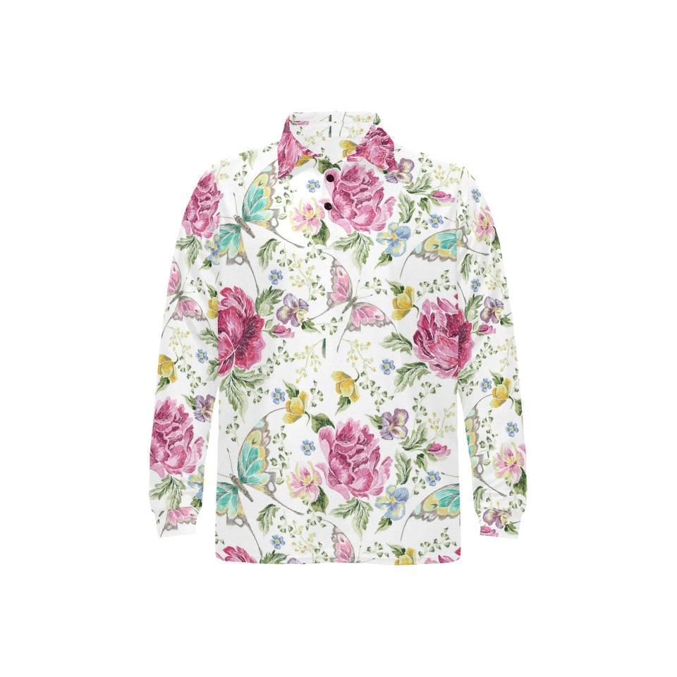 Hand drawn butterfly rose Men's Long Sleeve Polo Shirt