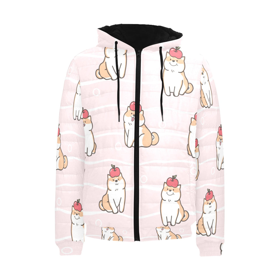 Cute Shiba Inu Dog Apple pattern Men's Padded Hooded Jacket