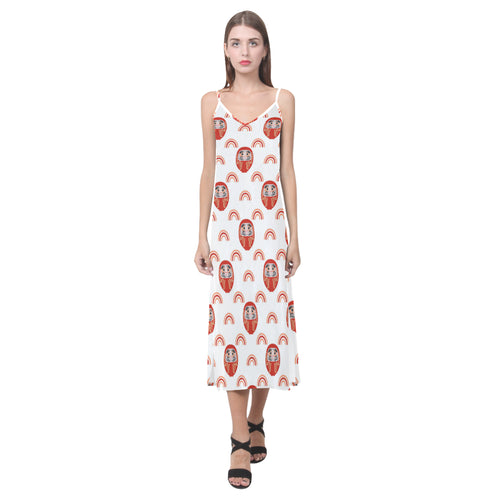 Daruma japanese wooden doll design pattern V-Neck Open Fork Long Dress